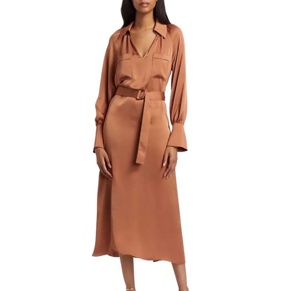 Ramy‎ Brook Cecilia Belted Satin Midi Dress Saddle XS NWT